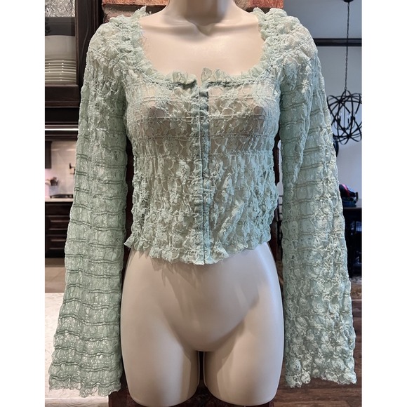 Free People FP One Madison Top  Lace Sheer Hook-Front Bell Sleeve S Coquette - Picture 3 of 11
